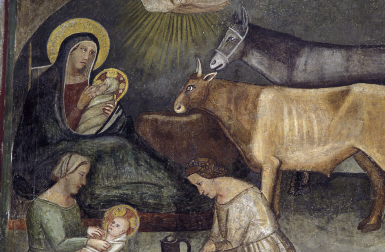 Neapel, S.Lorenzo Magg., Christi Geburt Neapel - Napoli (Kampanien, Italien), S.Lorenzo Maggiore, 4.Umgangskapelle. - Christi Geburt. - Wandmalerei, 2.Haelfte 14.Jahrhundert, Giotto-Nachfolge. E: Naples / Christ's birth / Mural Naples - Napoli (Campania, Italy), San Lorenzo Maggiore, 4th gallery chapel. - Christ's birth. - Wall painting, 2nd half of 14th century, Giotto successor. Zu sehen ist Jesus