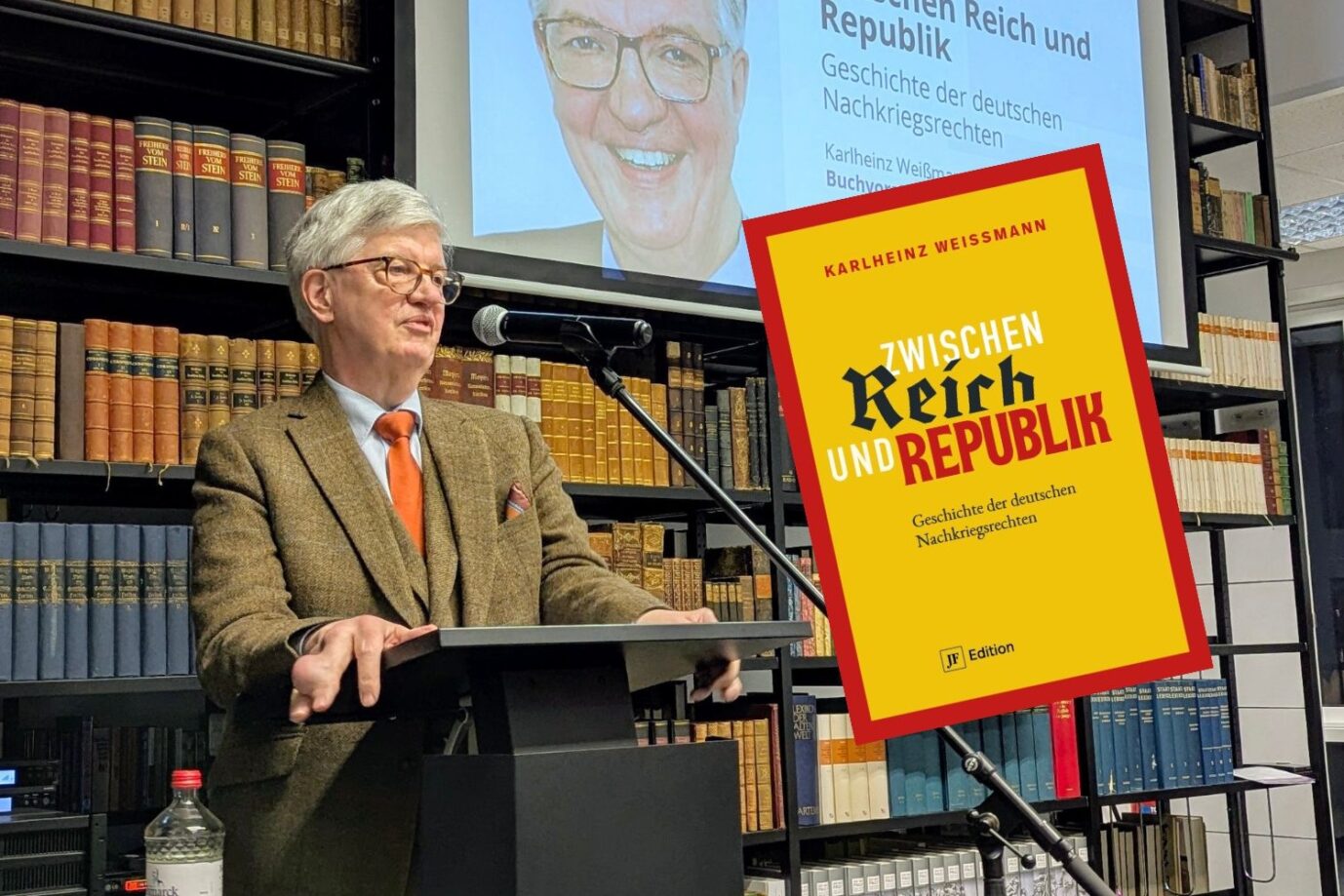 JF-Autor Karlheinz Weißmann in der Bibliothek des Konservatismus: Referiert über die Anfänge der Nachkriegsrechten. (Themenbild/Collage)