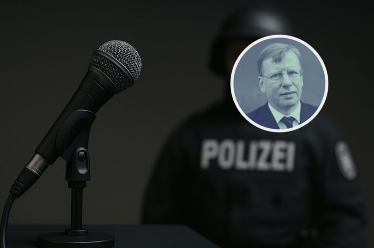 Ein schwarzes Mikrofon auf einem Tisch steht im Vordergrund. Im Hintergrund ist unscharf ein Polizist in dunkler Einsatzkleidung mit Helm und der Aufschrift „POLIZEI“ auf der Uniform zu sehen. Die Szene ist in dunklen Tönen gehalten und wirkt gespannt. Sprechen, aber nur wenn es der Staatsmacht gefällt. Foto: KI-generiert mit ChatGPT / OpenAI